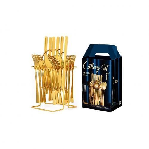 24 Pcs Gold Plated Stainless Steel Spoon & Fork -with RACK. 37107
