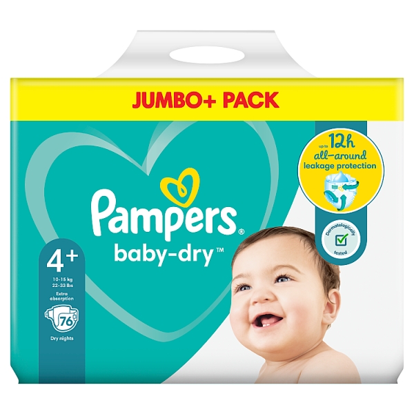 PAMPERS BABY DRY 4+ JUMBO 76 PACK 52359